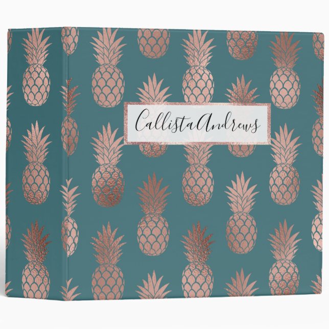 Modern Rose Gold Teal Green Pineapple Pattern Binder (Front/Spine)