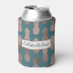 Modern Rose Gold Teal Green Pineapple Pattern Can Cooler