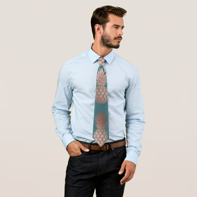 Modern Rose Gold Teal Green Pineapple Pattern Tie (In Situ)