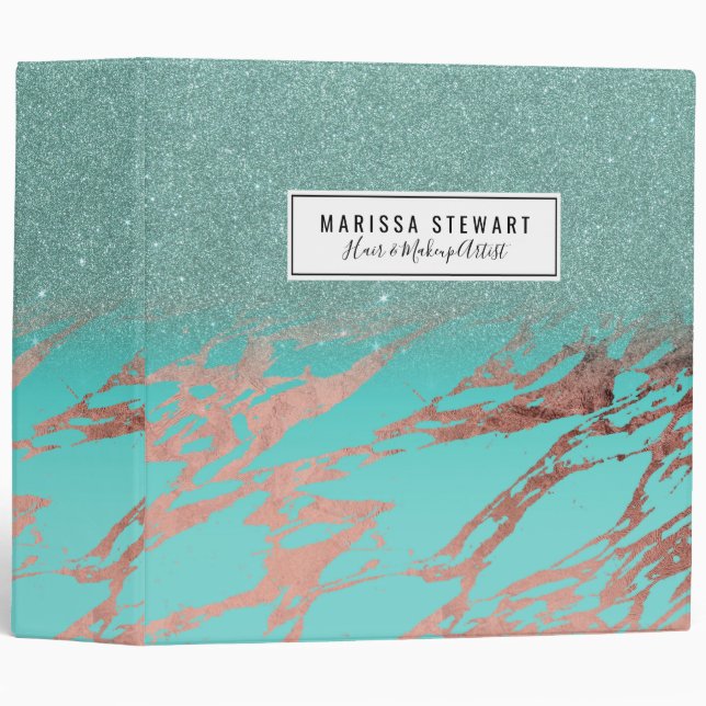 Modern Rose Gold Teal Marble Glitter Gradient Binder (Front/Spine)