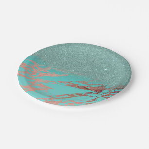 Modern Rose Gold Teal Marble Glitter Gradient Paper Plate