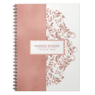 Modern Rose-Gold Texture & Swirls On White Notebook