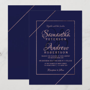 Modern rose gold typography navy frame wedding invitation
