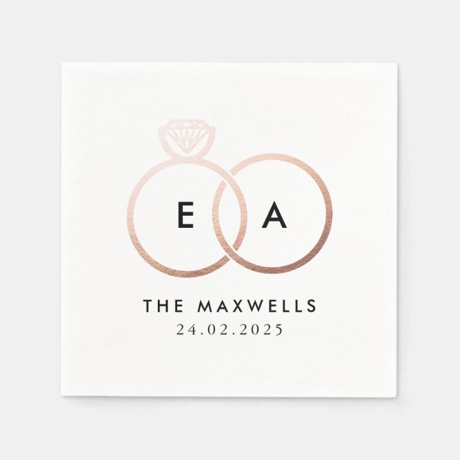 Modern Rose Gold Wedding Rings Cocktail Napkin (Front)