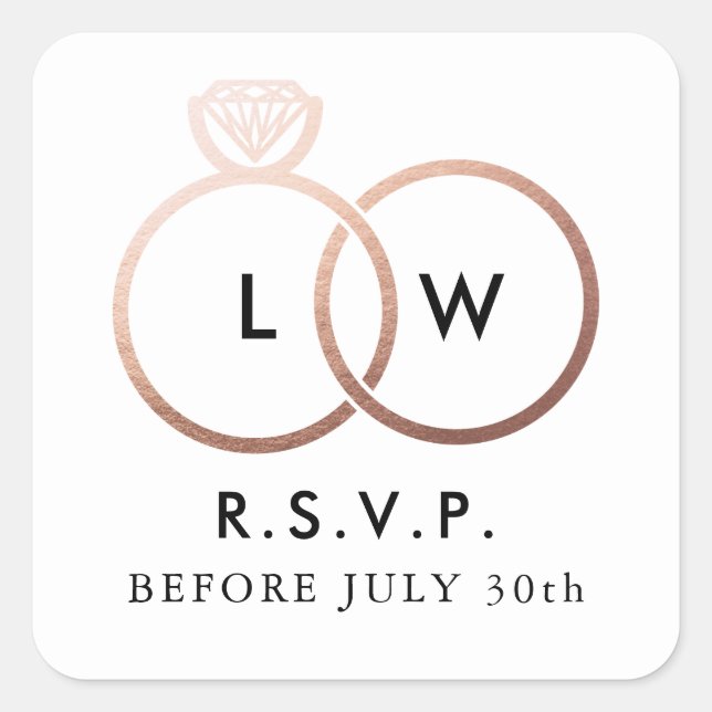 Modern Rose Gold Wedding Rings RSVP Reply Square Sticker (Front)