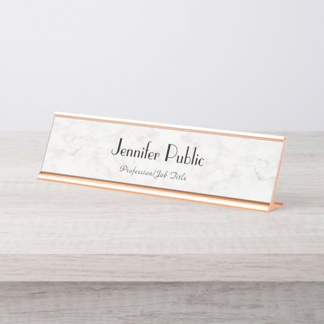 Modern Rose Gold White Marble Elegant Template Desk Name Plate (Front)