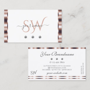 Modern Rose Gold White Sparkling Diamonds Monogram Business Card