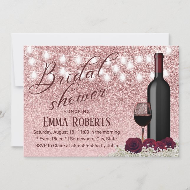 Modern Rose Gold Wine & Flowers Bridal Shower Invitation (Front)