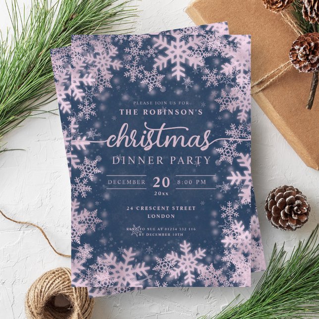 Modern Rose Gold Winter Wonderland Christmas Navy  Invitation (Modern Rose Gold Winter Wonderland Christmas Navy Invitation)