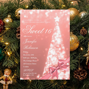 Modern Rose Gold Xmas Tree Bow Sweet 16 Birthday Invitation