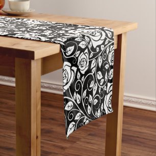 Modern Rose Pattern Monogram Initial Black White Short Table Runner