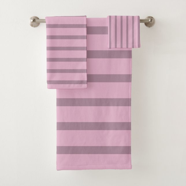 Modern Rose Pink and Mauve Striped Bath Towel Set (Insitu)