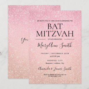Modern Rose Pink Bat Mitzvah Faux Glitter Paint Invitation