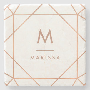 Modern Rose Pink Geometric Lines with Monogram Stone Coaster