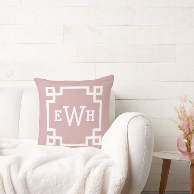 Modern Rose Pink Greek Key Custom Monogram Throw Pillow (Couch)
