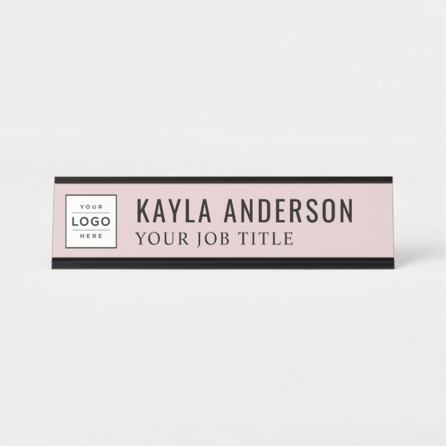 Modern Rose Pink Personalized Business Logo Desk Name Plate (Front)