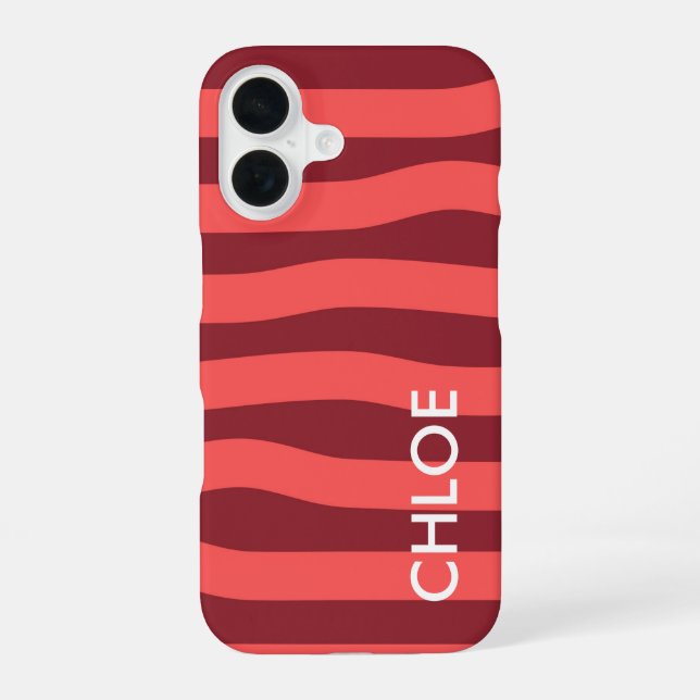 Modern Rose Red Wave Stripes Name iPhone 16 Case (Back)