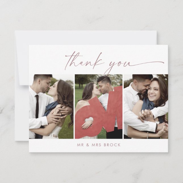 Modern Rose Script 3 Photo Template Thank You Card (Front)