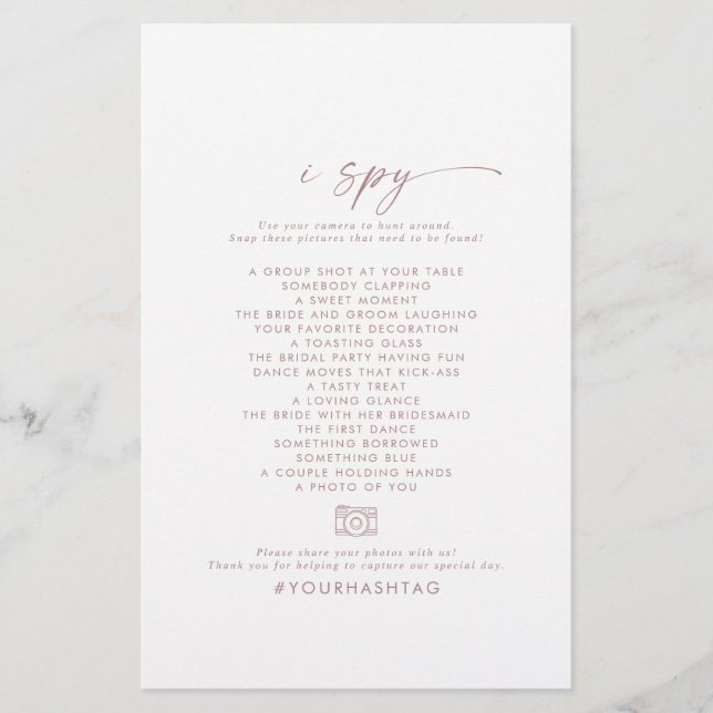 Modern Rose Script I Spy Wedding Photo Scavenger Flyer (Front)