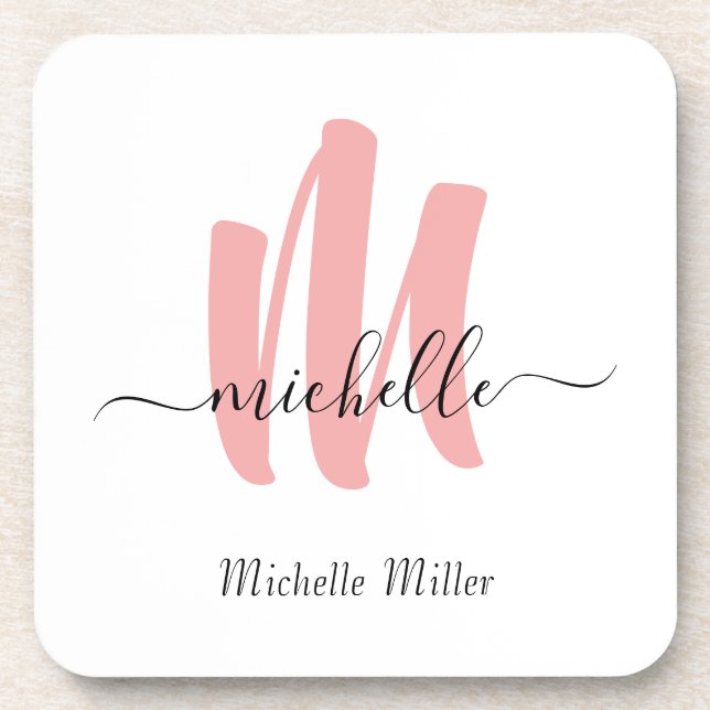 modern rose white monogram initial business name coaster (Front)