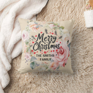Modern Rose Wreath and Script Merry Christmas Throw Pillow
