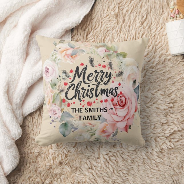 Modern Rose Wreath and Script | Merry Christmas  Throw Pillow (Blanket)