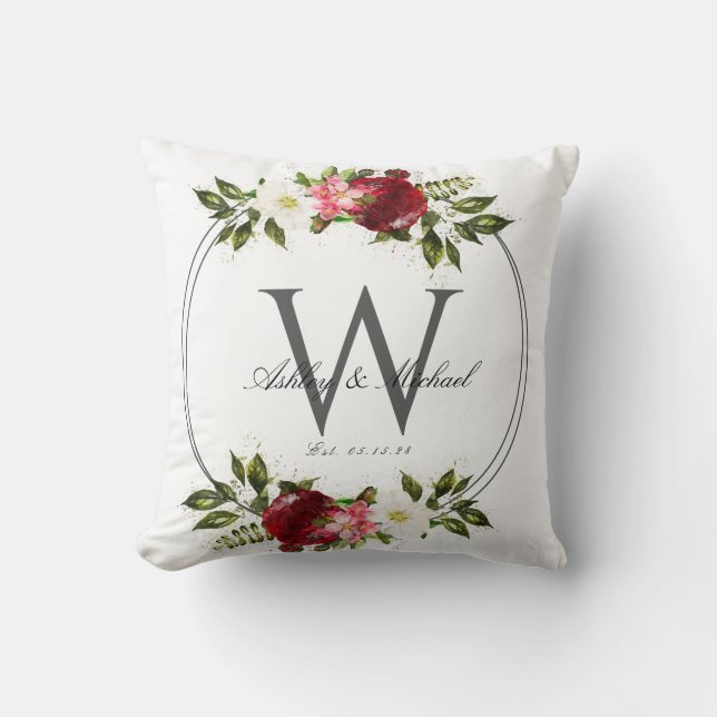 Modern Rose Wreath Monogram Wedding Keepsake Throw Pillow (Front)