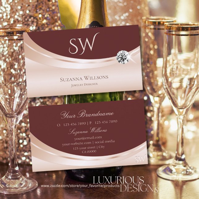 Modern Rosegold Wine Red with Monogram and Diamond Business Card (Creator Uploaded)