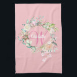 Modern Roses Pink Initial Script Monogram Kitchen Towel<br><div class="desc">Pretty pink initial monogram kitchen towel,  featuring a beautiful white script name with a complimenting pink initial that is framed by a delicate watercolor floral rose garland on a peach pink background. Personalize to create a special keepsake gift to treasure! Designed by Thisisnotme©</div>