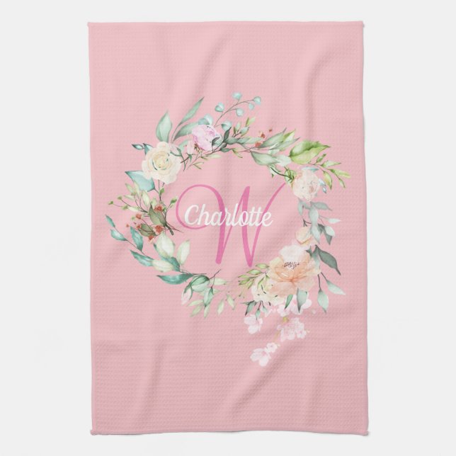 Modern Roses Pink Initial Script Monogram Kitchen Towel (Vertical)