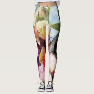 Modern Roses Tulips Bouquet: Abstract Oil Painting Leggings