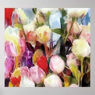 Modern Roses Tulips Bouquet: Abstract Oil Painting Poster