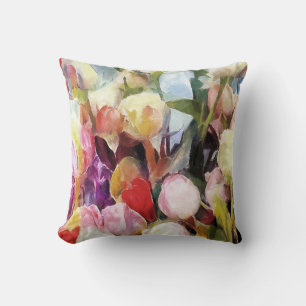 Modern Roses Tulips Bouquet: Abstract Oil Painting Throw Pillow