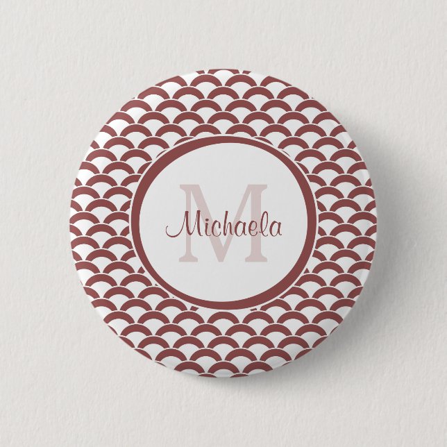 Modern Rosy Brown White Scallops Monogram and Name 2 Inch Round Button (Front)