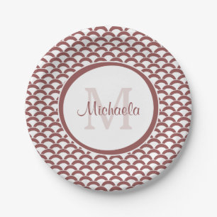 Modern Rosy Brown White Scallops Monogram and Name Paper Plate
