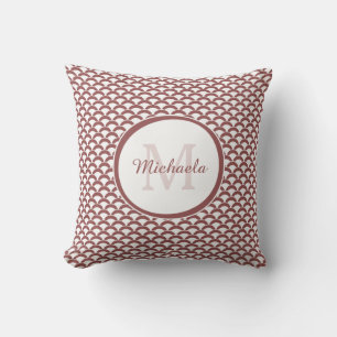 Modern Rosy Brown White Scallops Monogram and Name Throw Pillow