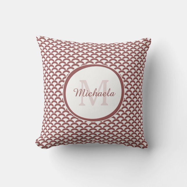Modern Rosy Brown White Scallops Monogram and Name Throw Pillow (Front)