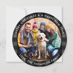 Modern Round Custom Photo Black Grey Buffalo Plaid Holiday Card