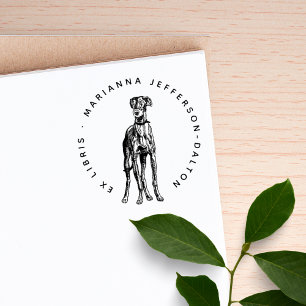 Modern Round Ex Libris Greyhound Dog Book Rubber Stamp
