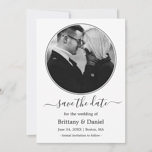 Modern Round Frame Black and White Photo Save The Date (Front)