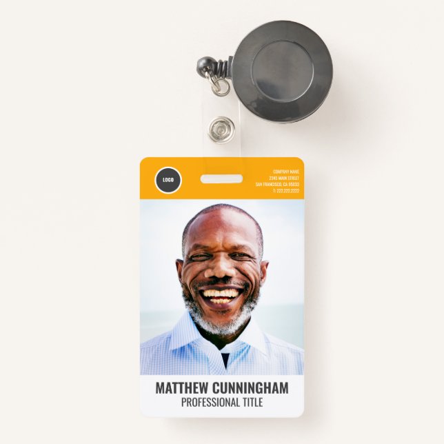 Modern Round Logo  Employee Photo Name Barcode Badge (Front with Retractable)