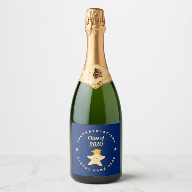 Modern Royal Blue and Gold Graduation Star Sparkling Wine Label (Front)