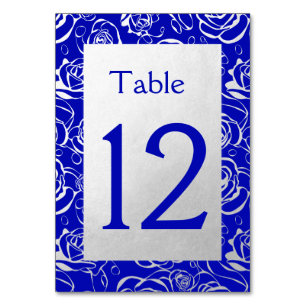Modern Royal Blue and Silver Roses Table Number