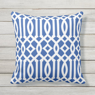 Modern Royal Blue and White Trellis Pattern Outdoor Pillow