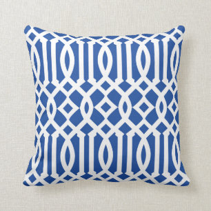 Modern Royal Blue and White Trellis Pattern Throw Pillow
