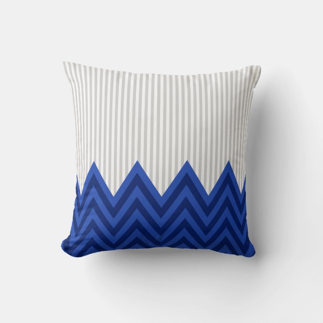 Modern Royal Blue Chevron Grey  Stripes Pattern Throw Pillow (Front)