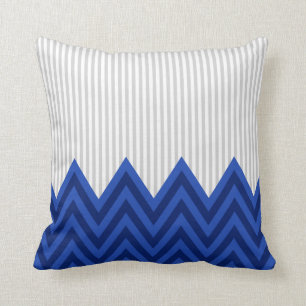 Modern Royal Blue Chevron Grey Stripes Pattern Throw Pillow