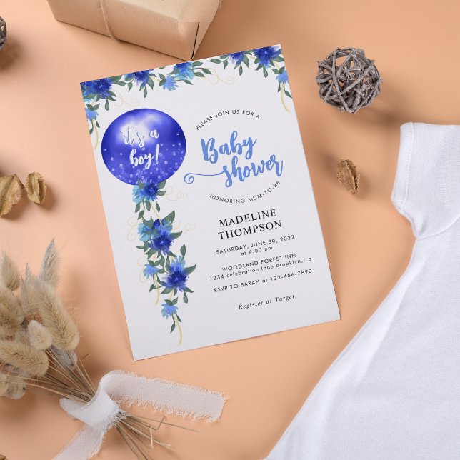 Modern Royal Blue Floral Balloon Boy Baby Shower Invitation (Creator Uploaded)
