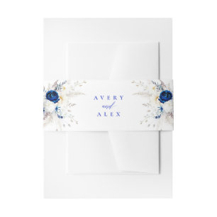 Modern Royal Blue Floral Calligraphy Wedding Invitation Belly Band