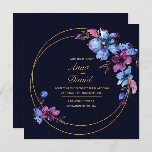 Modern Royal Blue Floral Wedding Invitation (Front/Back)